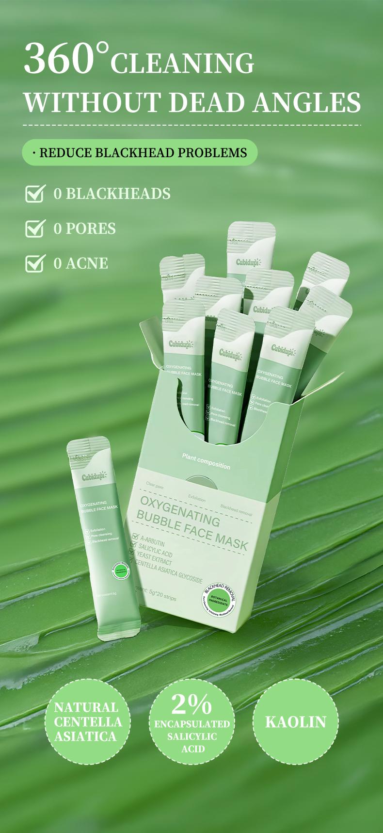 Cubidupi Triple Acid Double Herb Bubble Clay Mask - 3 Acids (Salicylic Acid + Lactobionic Acid + Mandelic Acid) & 2 Herbs (Centella Asiatica + Asiaticoside) Deep Cleansing, Oil Control & Pore Soothing | Bubble Clay Wash-Off Mask | 5g x 20 packs