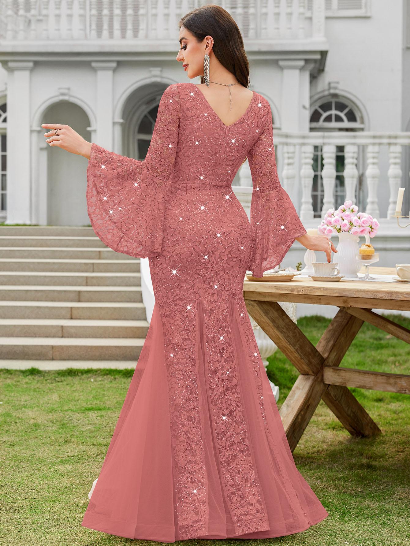 Miusol 24351A Women's Deep V Neck Sequin Floral Lace Mesh Tulle Hem Formal Evening Maxi Dress Navy Blue Elegant Design for Cocktail Parties & Evening Proms Winter wedding guest dress SpringStatements