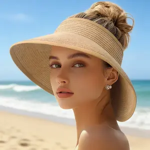 New portable, stylish, easy-to-store, full-face wide-brimmed, open-top straw hat, rollable sun protection hat for summer.
