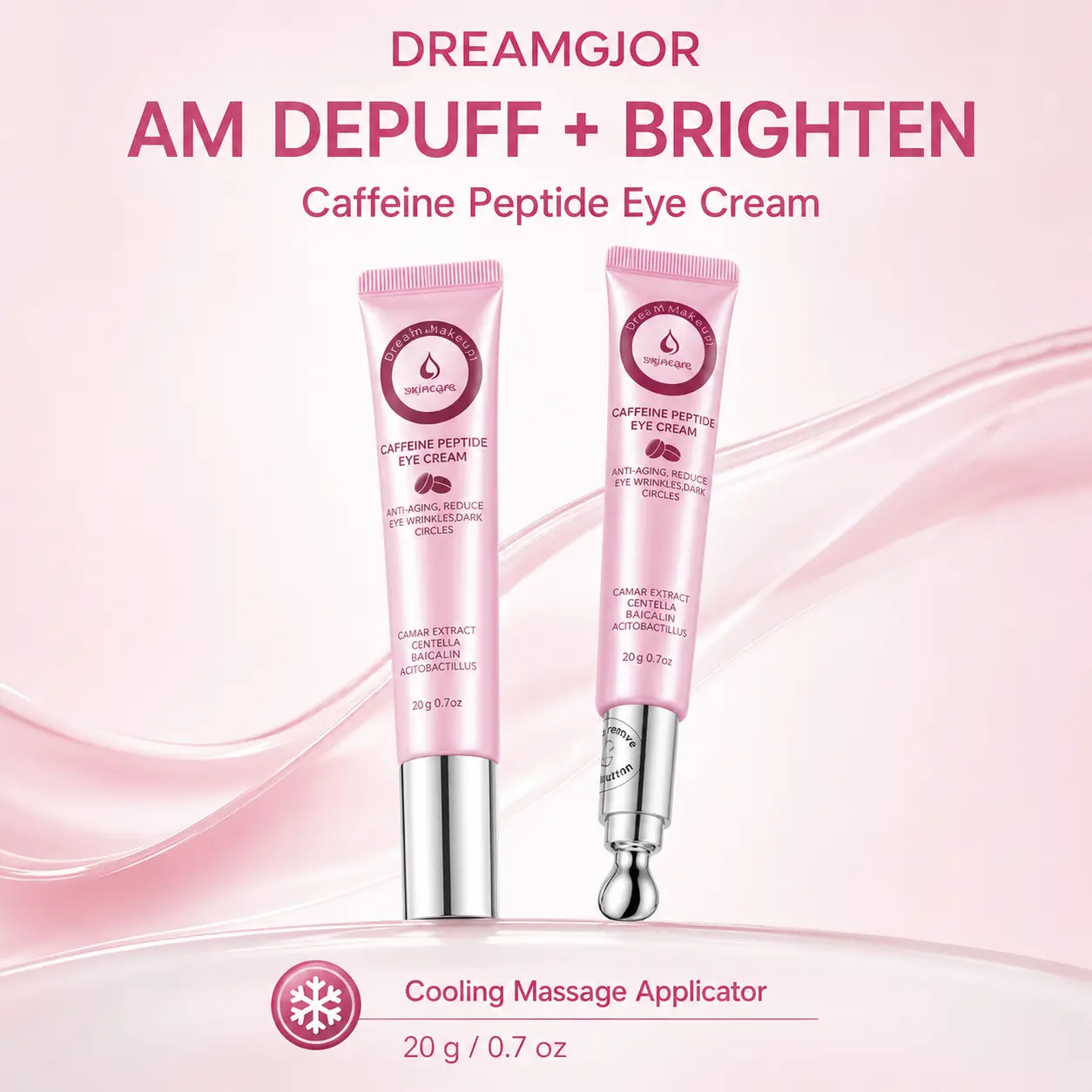 DREAMGJOR AM Revitalizing Brightening Eye Cream (Batteries Built-In Electric Massage Applicator) - Unscented Daytime Regular Edition for Adults, Reduces Dark Circles/Puffiness/Fine Lines, 0.7 oz Bright & Smooth Treatment for All Skin Types