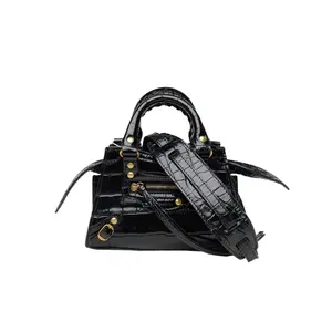 Pre-owned Balenciaga NEO CLASSIC Portable Motorcycle Bag Super Mini 18 Alligator Embossed Black Leather C