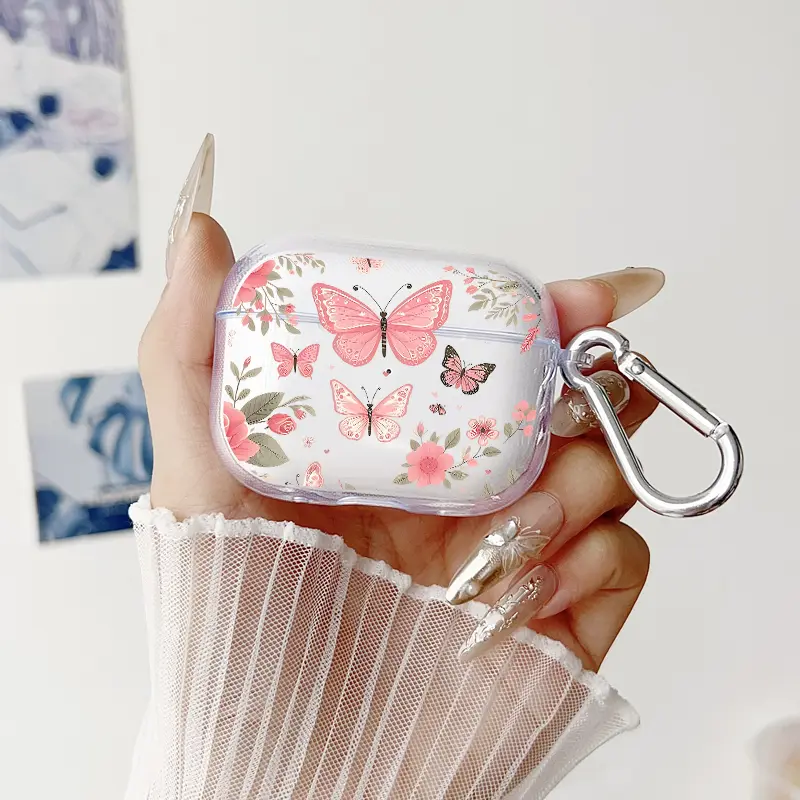 Butterfly Floral Dream Pattern TPU Soft Protective Case for Apple AirPods 4/3/2/1/Pro/Pro2/Pro3 Transparent Earphone Cover with Keychain Attachment