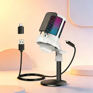 Gaming Microphone, USB PC Mic for Podcasts Videos, Streaming, Condenser Mic with Quick Mute, Tripod Stand, Pop Filter, RGB Indicator, Shock Mount, Rotate gain button, Compatible with PS4/5/PC.White