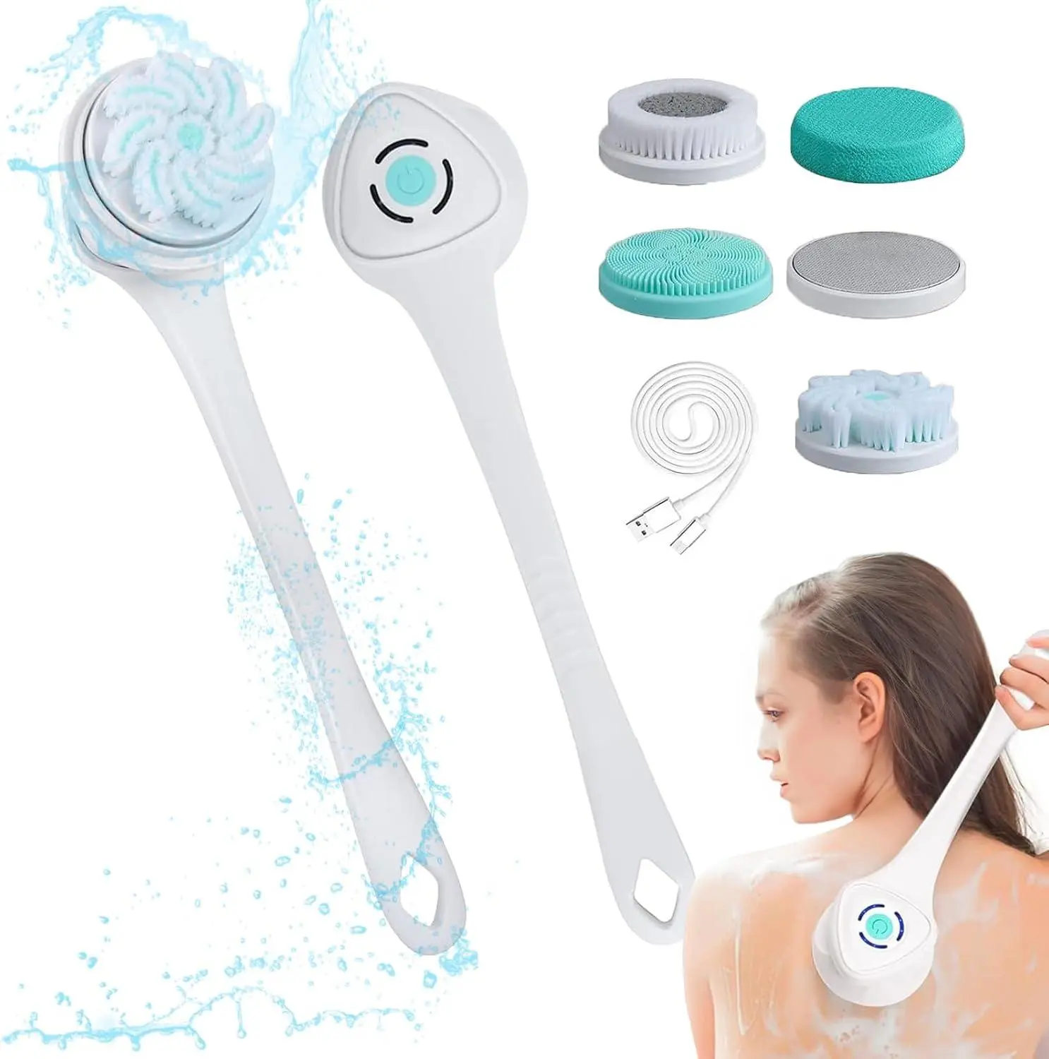 Rechargeable Electric Shower Brush Set for Full Body Cleansing and Vibrating Back Scrubber - Detachable Long Handle and Exfoliating Brush - Rotating Shower Face Brush Head - For Deep Cleansing and Exfoliation - Gift for Parents and Girlfriend
