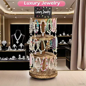 3-Tier Rotatable Wooden Bracelet Display Stand, Tree Shaped Jewelry Holder with Sign Board, 36 Hooks for Bracelets & Keychains, Vintage Multi-Layer Desktop Jewelry Organizer Rack with Solid Wood Base