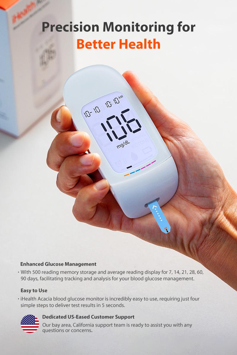 iHealth Acacia Blood Glucose Monitor Kit with 100 Glucometer Strips, 100 Lancets, 1 Blood Sugar Monitor, 1 Lancing Device & Travel Bag for Diabetes Testing