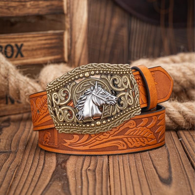 Carved Horse Head Leather Belt Retro Western Cowboy Cowgirl  display picture 1