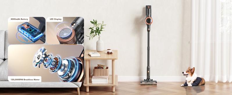 48KPa Cordless Vacuum Cleaner, 190AW Stick Vacuum with 60-Min Runtime, 4000mAh Battery, Anti-Hair Wrap, Self-Standing, LED Display for Pet Hair, Hard Floors, Carpets & Cars