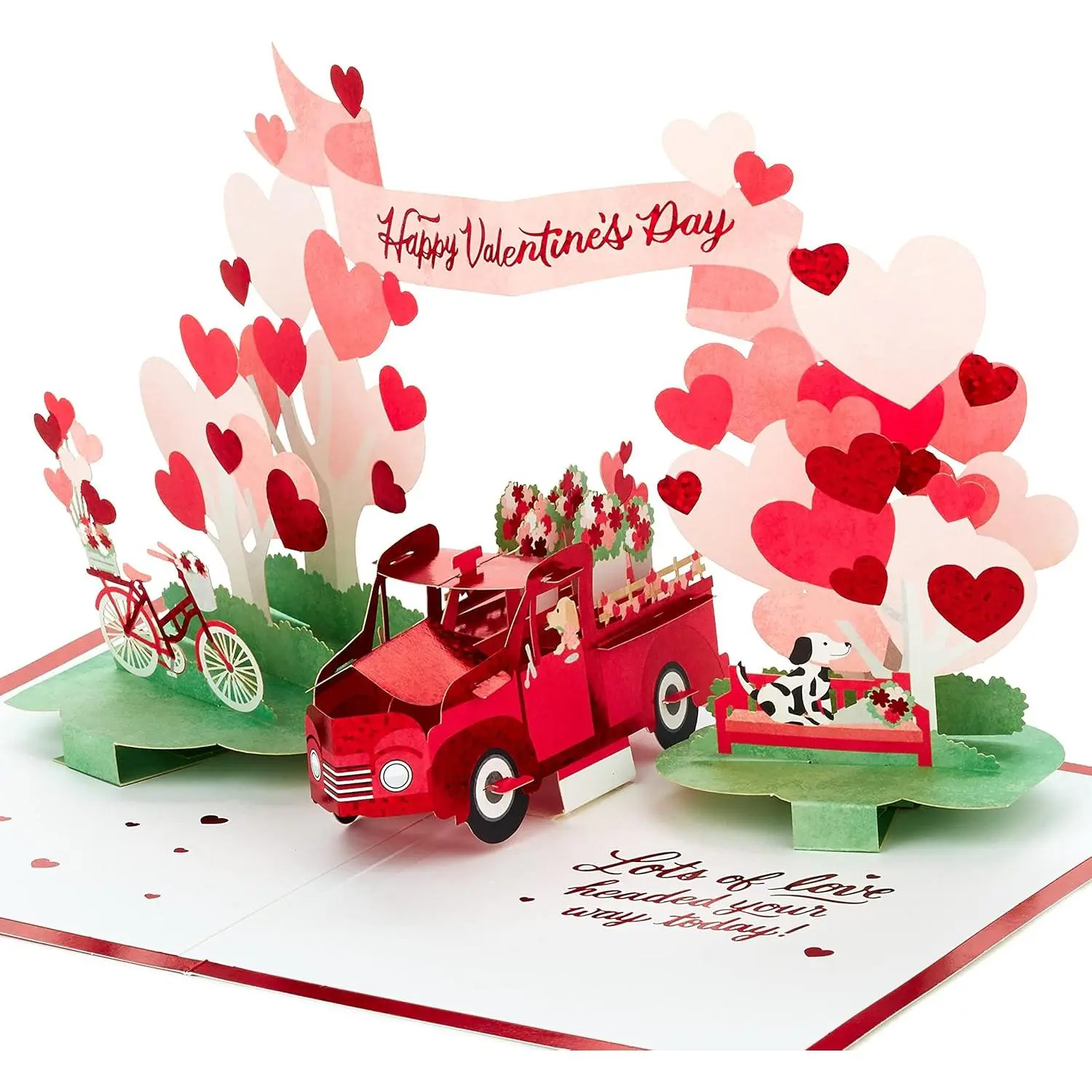Hallmark Signature Paper Wonder Durable Cardstock Pop-Up Greeting Card, Elegant Vintage Red Truck Design with Light Pink Background & Floral Accents for Valentine's Day Love Gifting