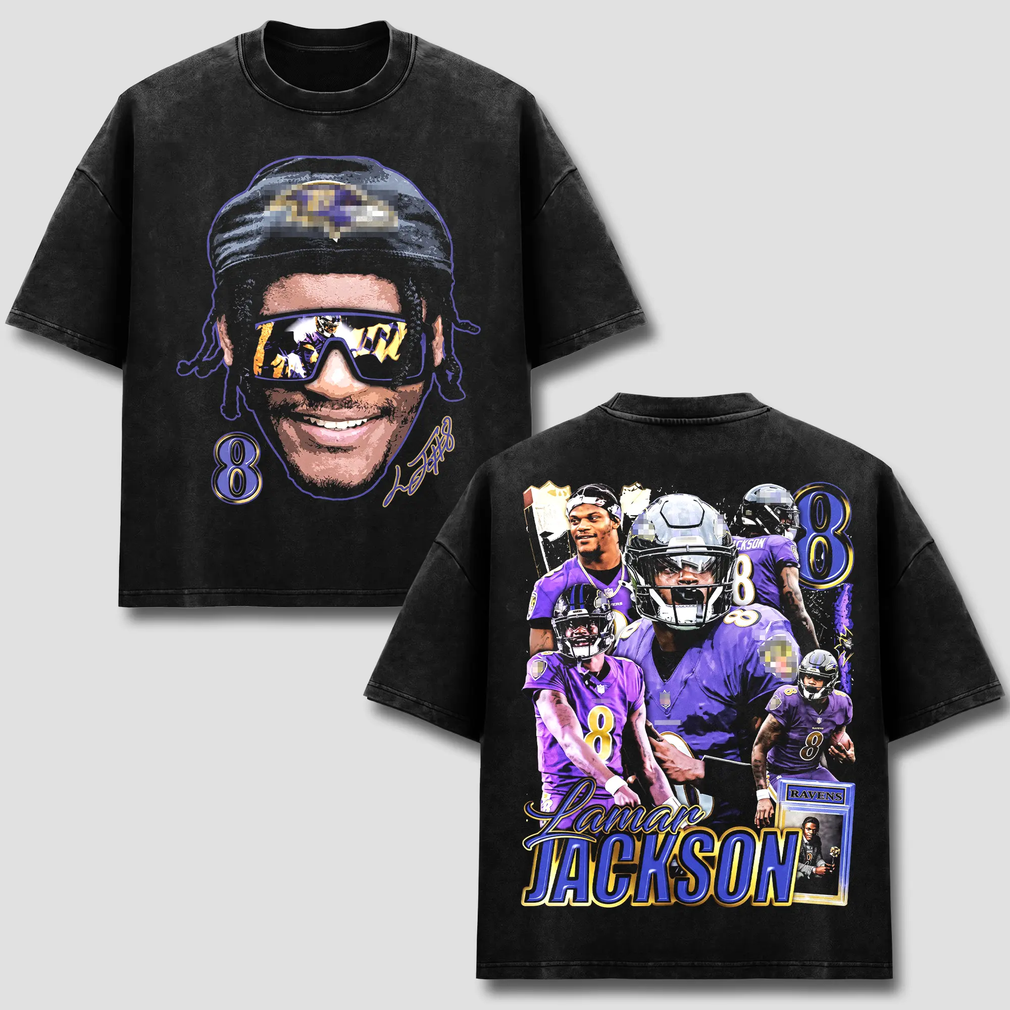 Lamar Jackson T-Shirt, BAL Football MVP Quarterback #8 Graphic Tee, Purple Gold Sports Apparel, Star Footballer Retro 90s Bootleg Graphic Wear, Game Day Sunday Fan Heritage Gift, Men Women Heavyweight Oversized Black Acid Wash Clothing