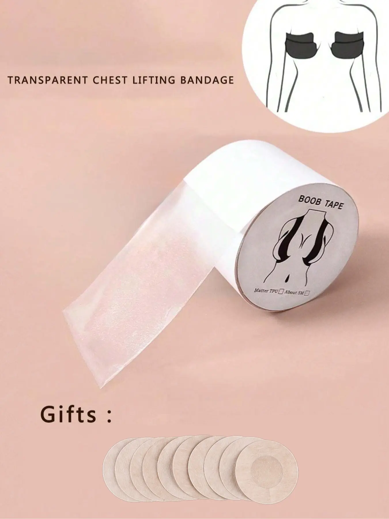 Transparent Bandage Roll, 5 Meter Size, Includes 10 Disposable Non-Woven Circular Nipple Pads, Suitable for Sensitive Skin Care and Daily Use, Bra Accessories, Clear