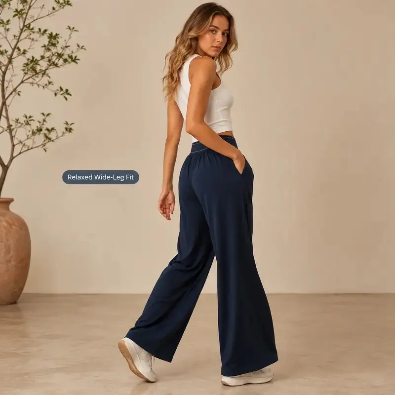 Women’s High Waisted Wide Leg Plain Lounge Pants - Buttery Soft, Wrinkle Resistant, Lightweight Stretch, Elastic Waistband, Pockets, All Seasons Casual Yoga Travel Days Pants, Casual Fashion Trousers, Athleisure Fitness Pants