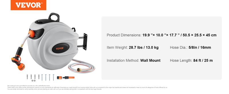 VEVOR Retractable Hose Reel, Various specifications, 100'x1/2" 180° Swivel with 9-Pattern Nozzle, Automatic Rewind, Lock at Any Length, Slow Return System