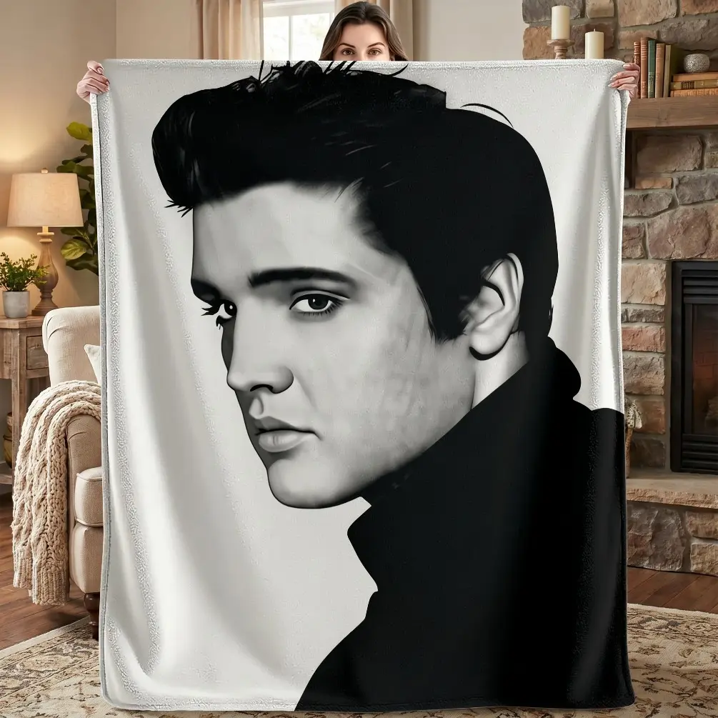 Elvis Presley Rock N' Roll Music Collectible Black & White Portrait Flannel Blanket - Ultra Soft Cozy Throw, All-Season Home Room Decor for Watch Party Fans