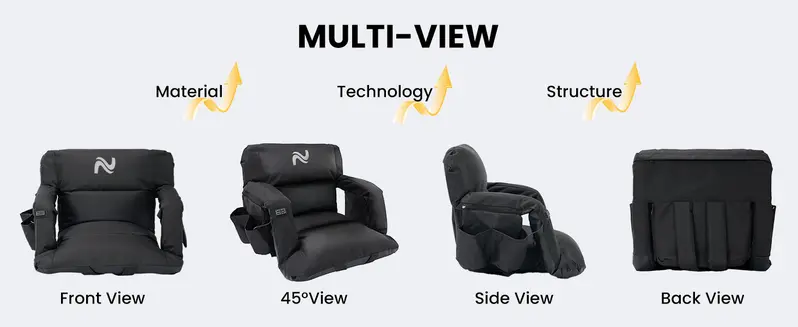 Front, angled, side and rear views of the stadium seat