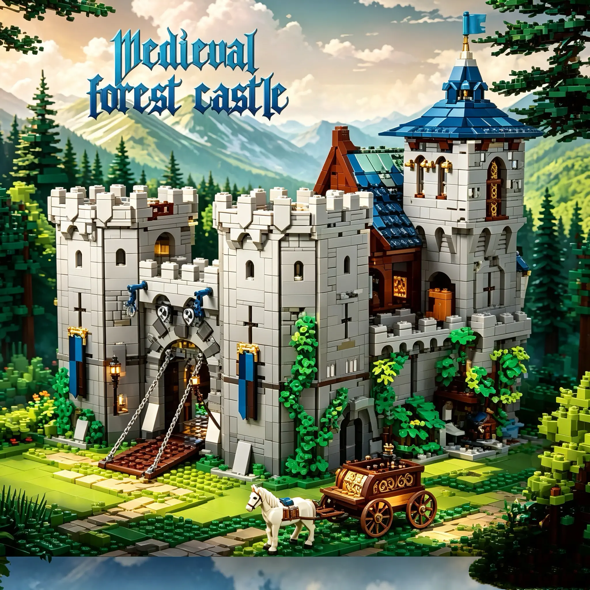 Medieval Forest Castle - Detailed Brick Model with Tower, Turrets, and Horse-drawn Cart - Perfect for Collectors and Enthusiasts