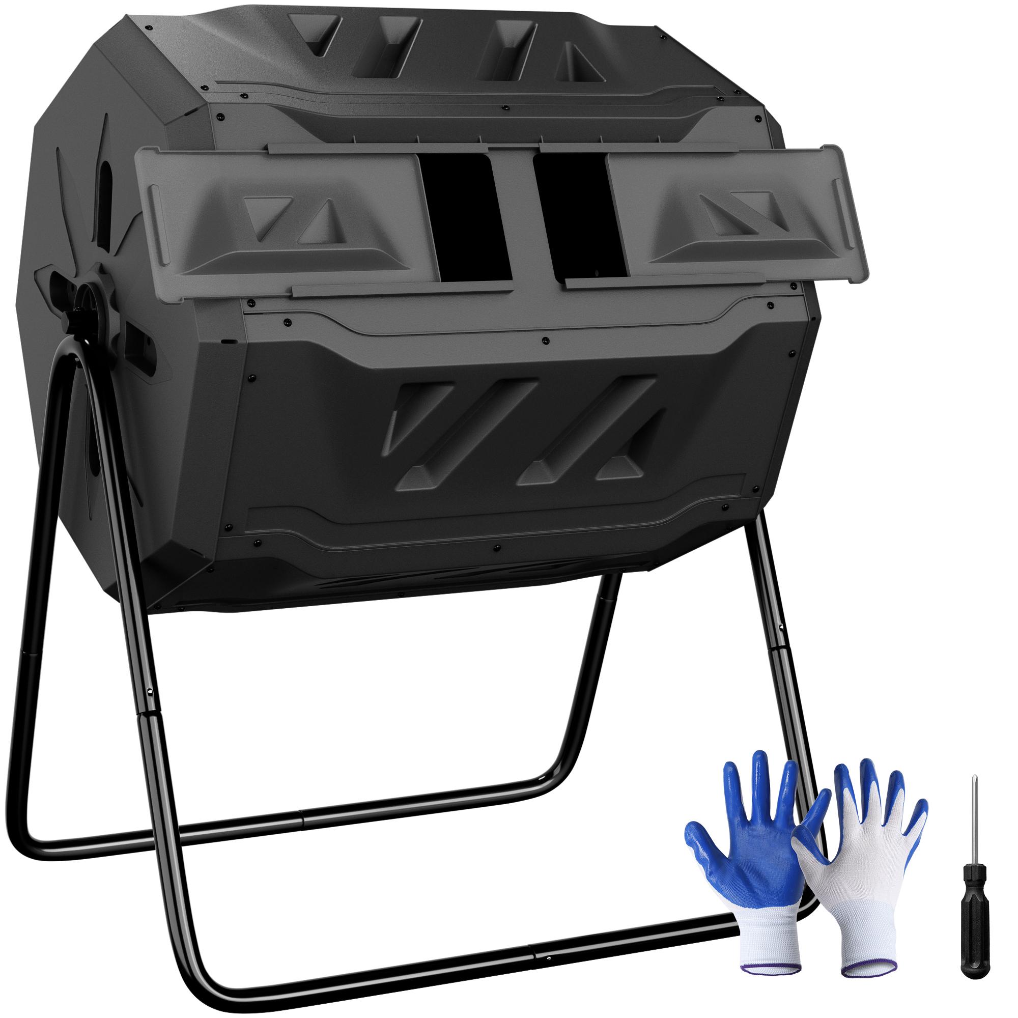Segawe Dual Chamber Composter Tumbler 43Gal Rotating Outdoor Compost Bin with Gloves, BPA Free, Steel Frame for Backyard, Garden, Black/Green