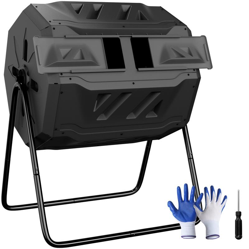 Segawe Dual Chamber Composter Tumbler 43Gal Rotating Outdoor Compost Bin with Gloves, BPA Free, Steel Frame for Backyard, Garden, Black/Green
