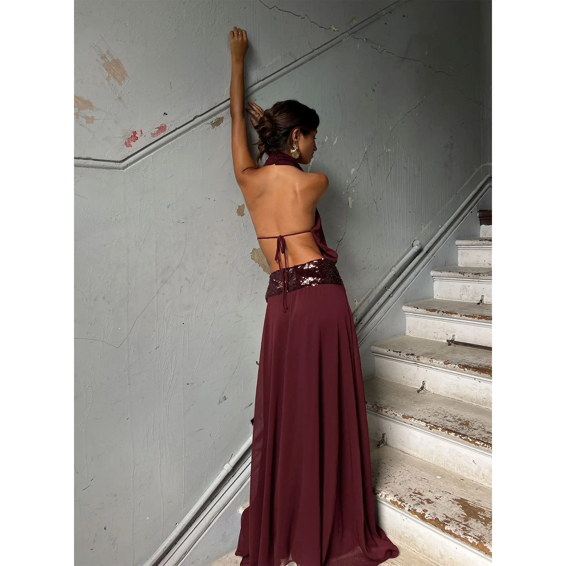 Darwinn Drop Waist Sequin Detail Maxi Dress Burgundy - TikTok Shop