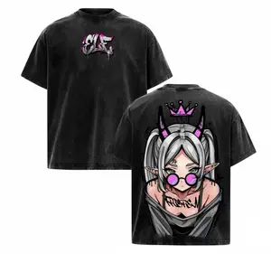 Frieren Streetwear Vintage Washed Anime T-Shirt | Demon Elf Girl Purple Crown Graphic Tee | Oversized Retro Heavy Cotton Grunge Shirt for Fans