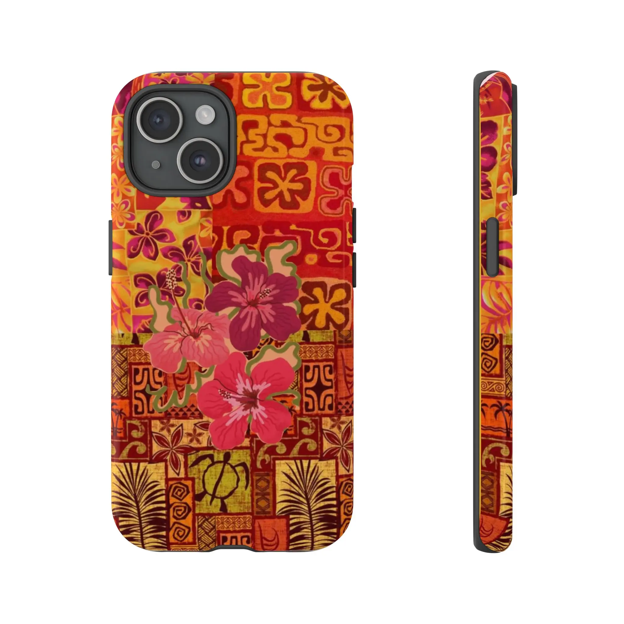 Tropical Hibiscus Floral Phone Case, Red Orange Hawaiian Pattern Protective iPhone Cover, Vintage Boho Island Aesthetic Case