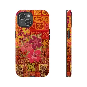 Tropical Hibiscus Floral Phone Case, Red Orange Hawaiian Pattern Protective iPhone Cover, Vintage Boho Island Aesthetic Case