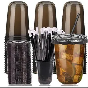 50 Set 16oz Plastic Cups with Lids and Straws, Disposable Black Clear Iced Coffee Cup, Round Bottom Plastic To Go Cups for Cold Drinks Slushie Smoothie Lemonade Party Coffee Shop Supplies