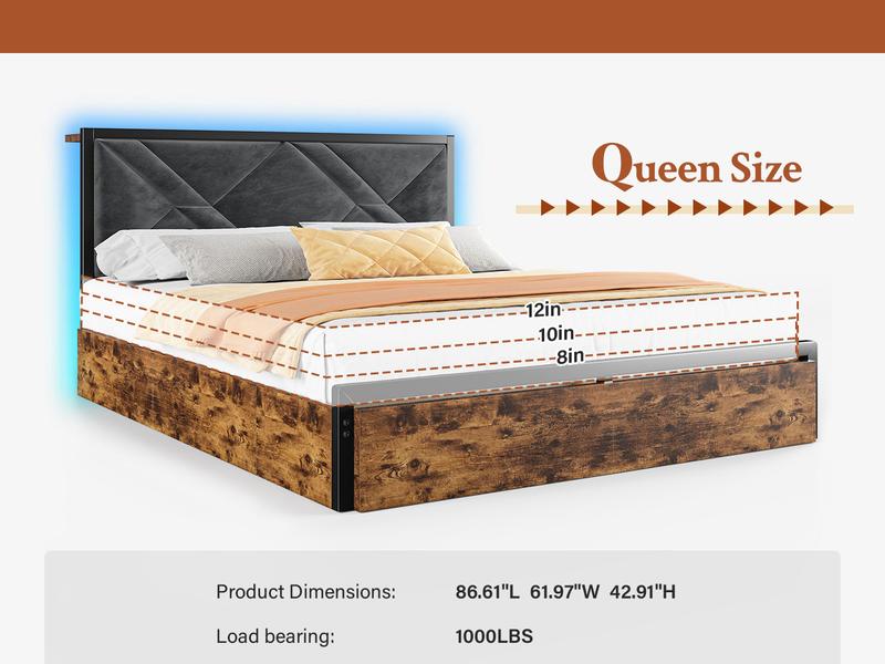 Raybee Luxury Bed Frame with 6 Storage Drawers,  LED Lights & Charging Station, Full Queen Platform Bed Frame with Upholstered Headboard & Shelf, No Noise, Holds 1000lbs, No Box Spring Needed,Easy Assembly, Black