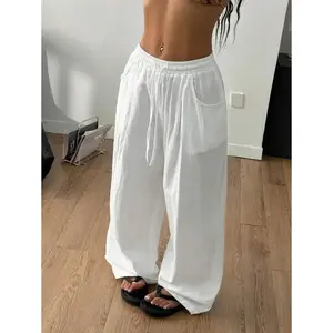 Women's Summer Minimalist Boho Vacation Outfits Casual Basic Daily Wear Linen Comfortable Low Rise Baggy Pants,Linen Pants Bottoms Cotton
