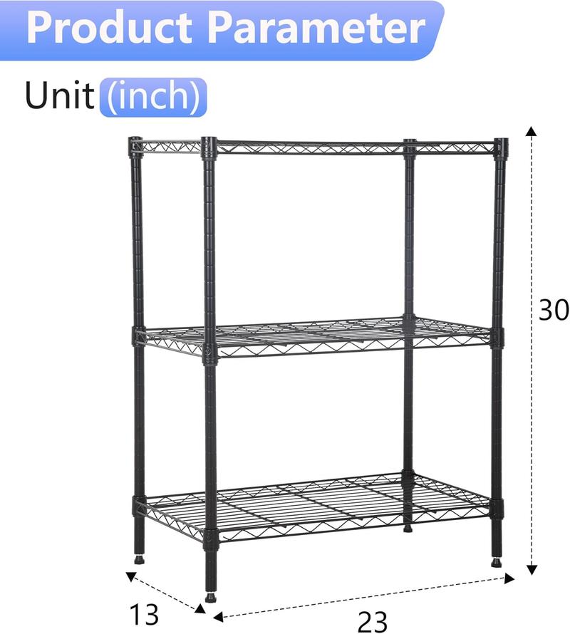 Wire Shelving Units Adjustable Metal Storage Rack 23D x 13W x 30H 3 Tier Pantry Shelves NSF Kitchen Shelf for Kitchen Garage Commercial Small Places,Black
