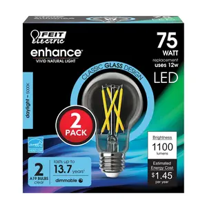 Feit Electric 75 Watt Replacement Daylight 5000K E26 Base Clear A19 Dimmable LED Light Bulb 2 Pack