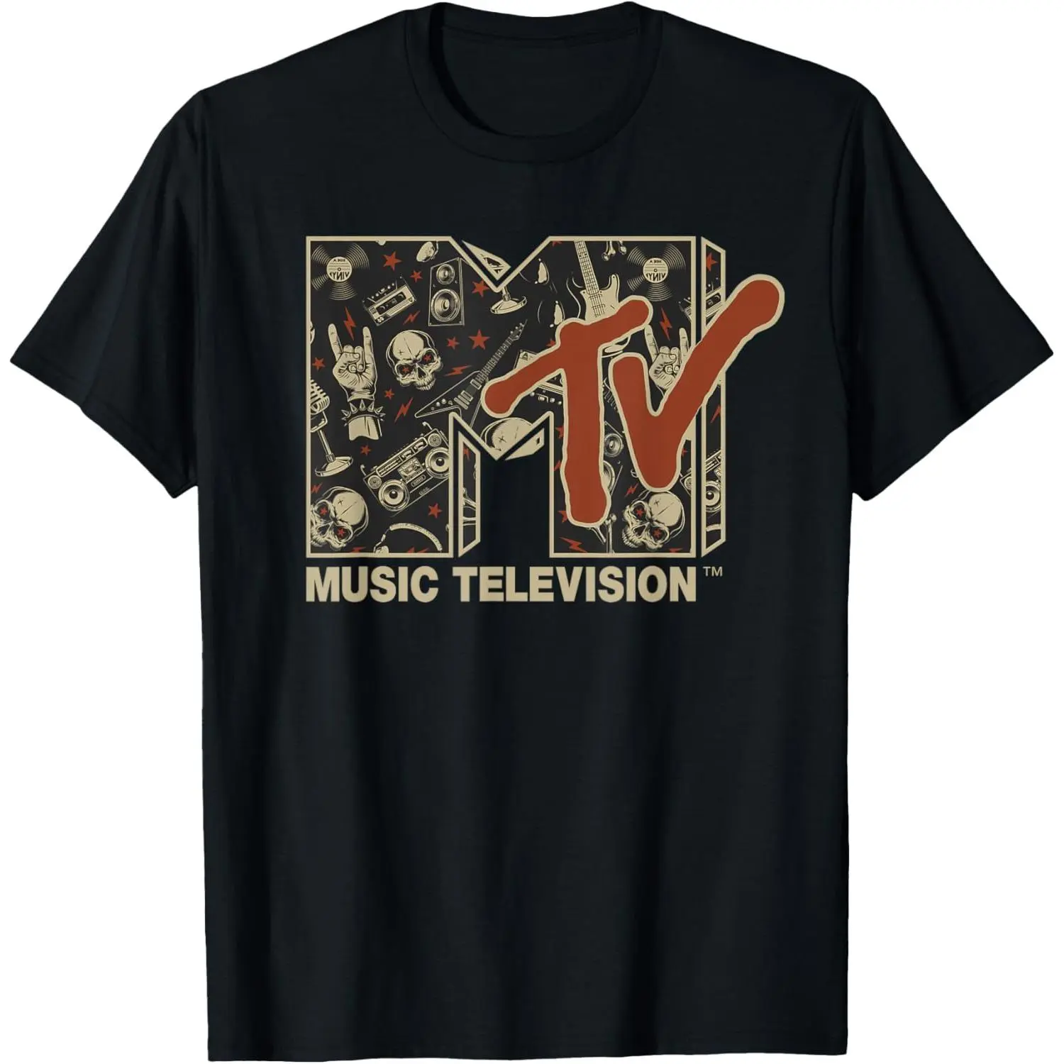 MTV Rock n Roll Music Hard Heavy Metal Skull Guitar Vintage T-Shirt classic cotton tee short sleeve shirt men's graphic tees gifts for him