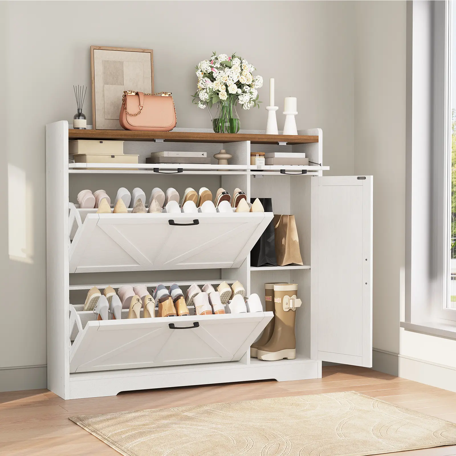 HOOBRO Farmhouse Shoe Storage Cabinet, Shoe Cabinet Storage for Entryway, Freestanding Shoe Organizer with 2 Flip Drawers, Narrow Shoe Cabinet with Adjustable Side Cabinet, White and Walnut#springtok