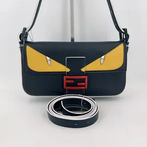Pre-owned FENDI leather Shoulder Bags Vitello Dolce Elite Monster Eyes Bi Color Baguette Black Yellow