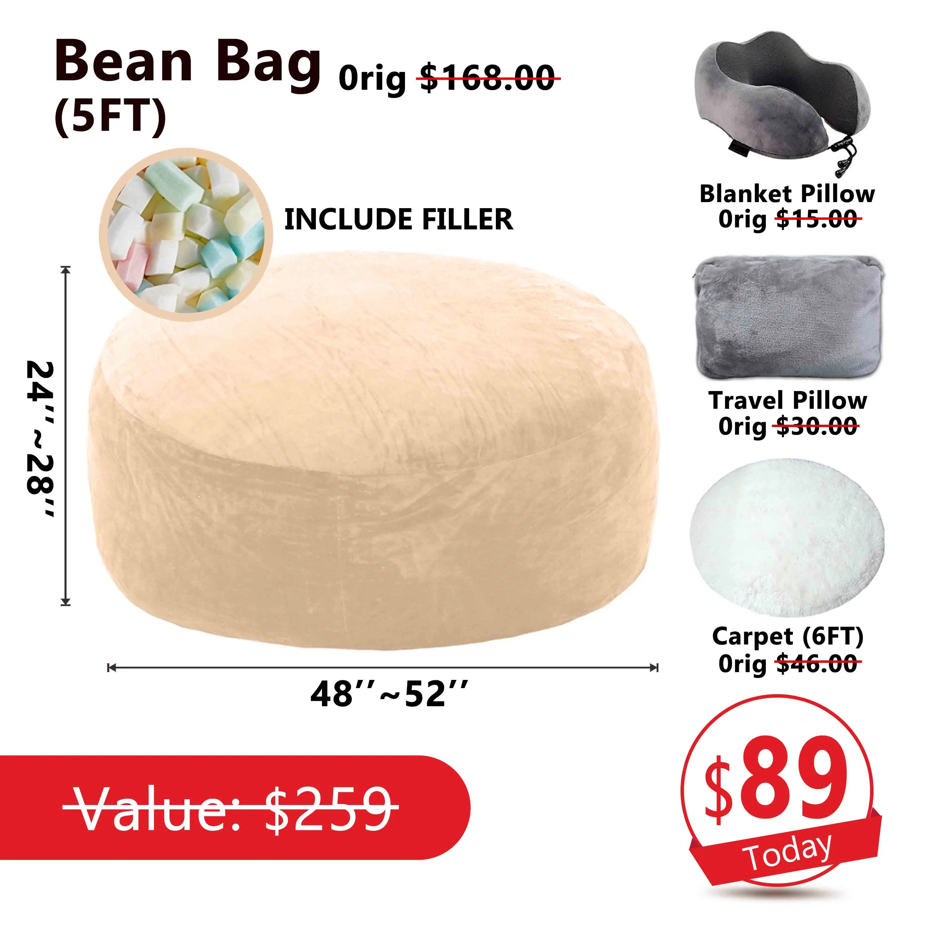 5FT Cream(Include Filler Upillow Blanket Carpet)