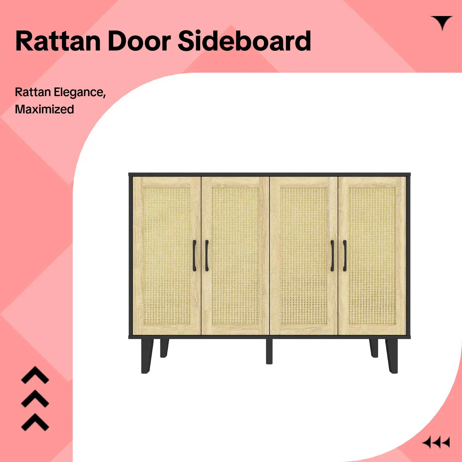 Robust Construction Wood Rattan Sideboard Cabinet - Engineered Wood, 4 Rattan Doors, Adjustable Shelves, 14.9" D x 48.4" W x 34.6" H, 20-25 kg, Assembly Required, Natural Lines Multifunctional Console Table for Dining, Living Rooms, Multi-Item Sideboards