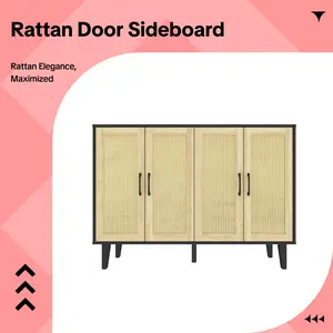 Rattan Door Sideboard with 4 Rattan Doors, Sturdy & Durable, Versatile Design for Dining Room, Living Room, Entryway, Multifunctional Console Table, Maximized Storage Space