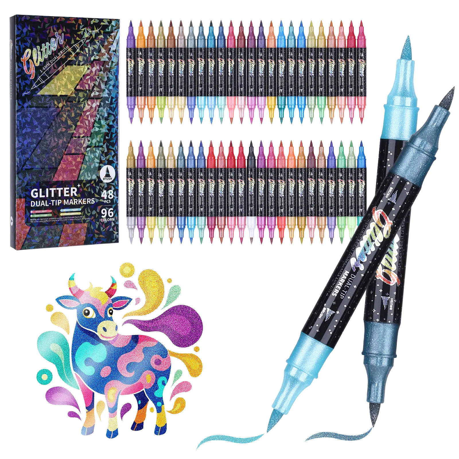 KEMYR Eco-Friendly Dual-Tip Glitter Brush Markers, 24/48/72/96 Sparkle Writing Tools (24 Colors Option) for Coloring Books, DIY Crafts, Journaling Supplies, Office Stationery