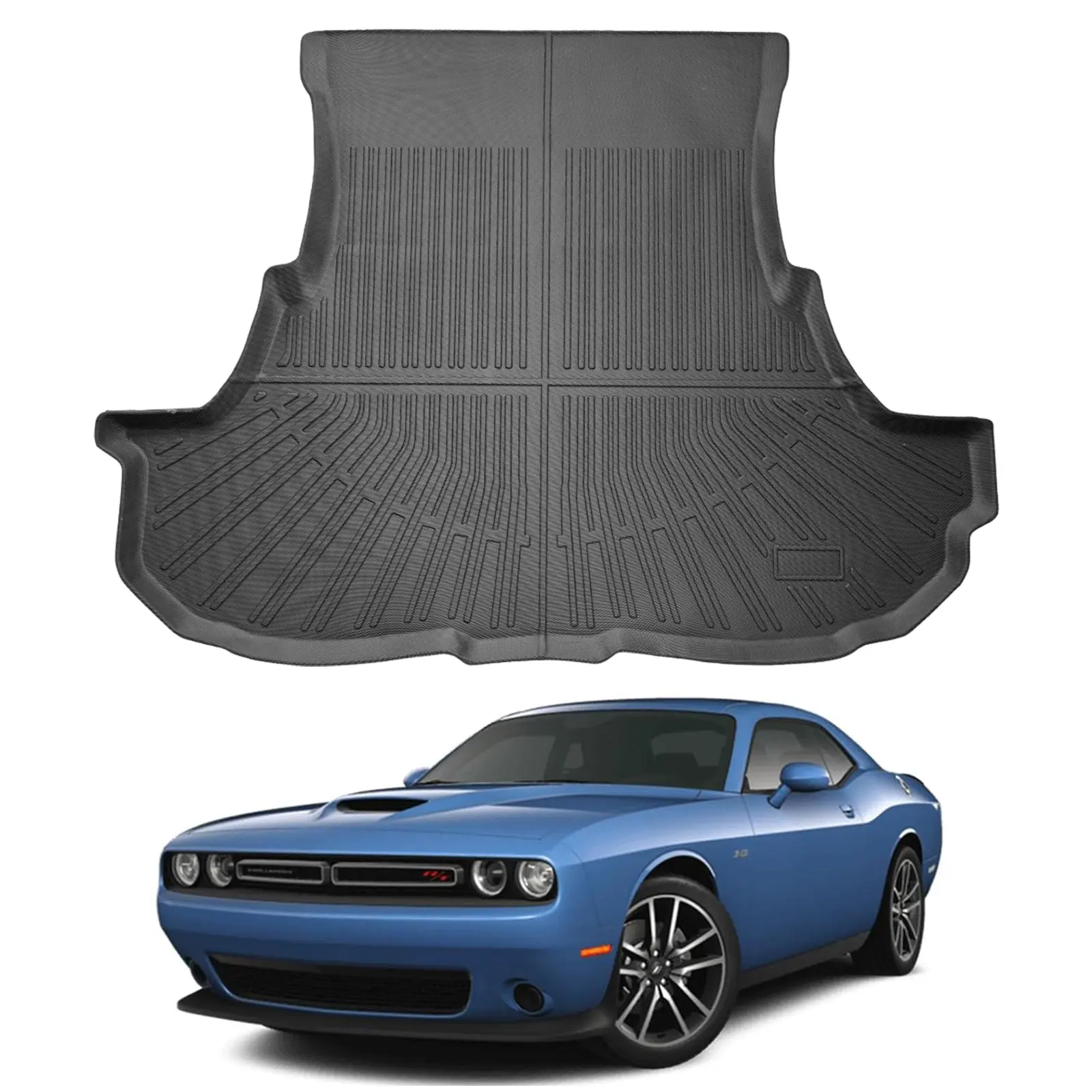 Canvcle All-Weather TPE Cargo Liner Car Floor Mat - 30"l x 23"w x 3"th Textured Non-Slip Stain-Resistant Waterproof Car Interior Accessory for 2011-2023 Dodge Challenger R/T 6.4, Black Vehicle Damage Protector