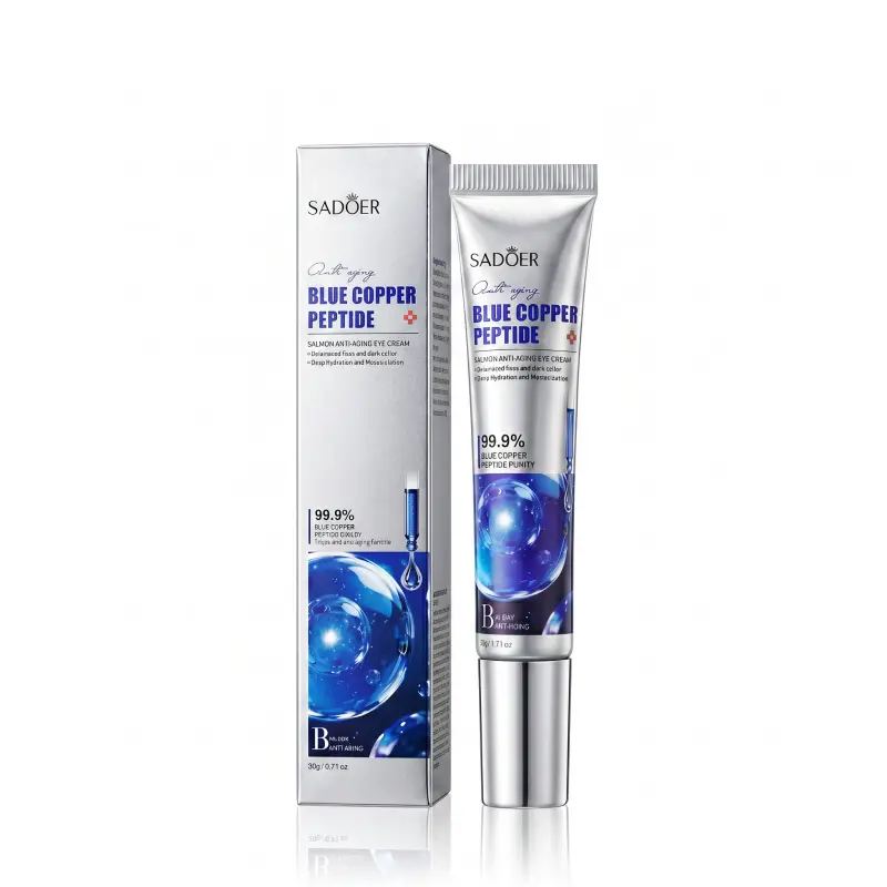Blue Copper Peptide Hydrating Eye Cream, Premium Salmon Extract. Nourishes and smooths the under-eye area, enhances the look of tired skin. Deeply moisturizing daily eye care, 0.71oz