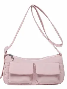 Women's Solid Color Shoulder Bag - Stylish Crossbody Purse, Slouchy Style Women's Bag with Multiple Pockets, Casual Trendy Versatile High-quality Daily Commuting Bag, Adjustable Dual-Strap Nylon Handbag