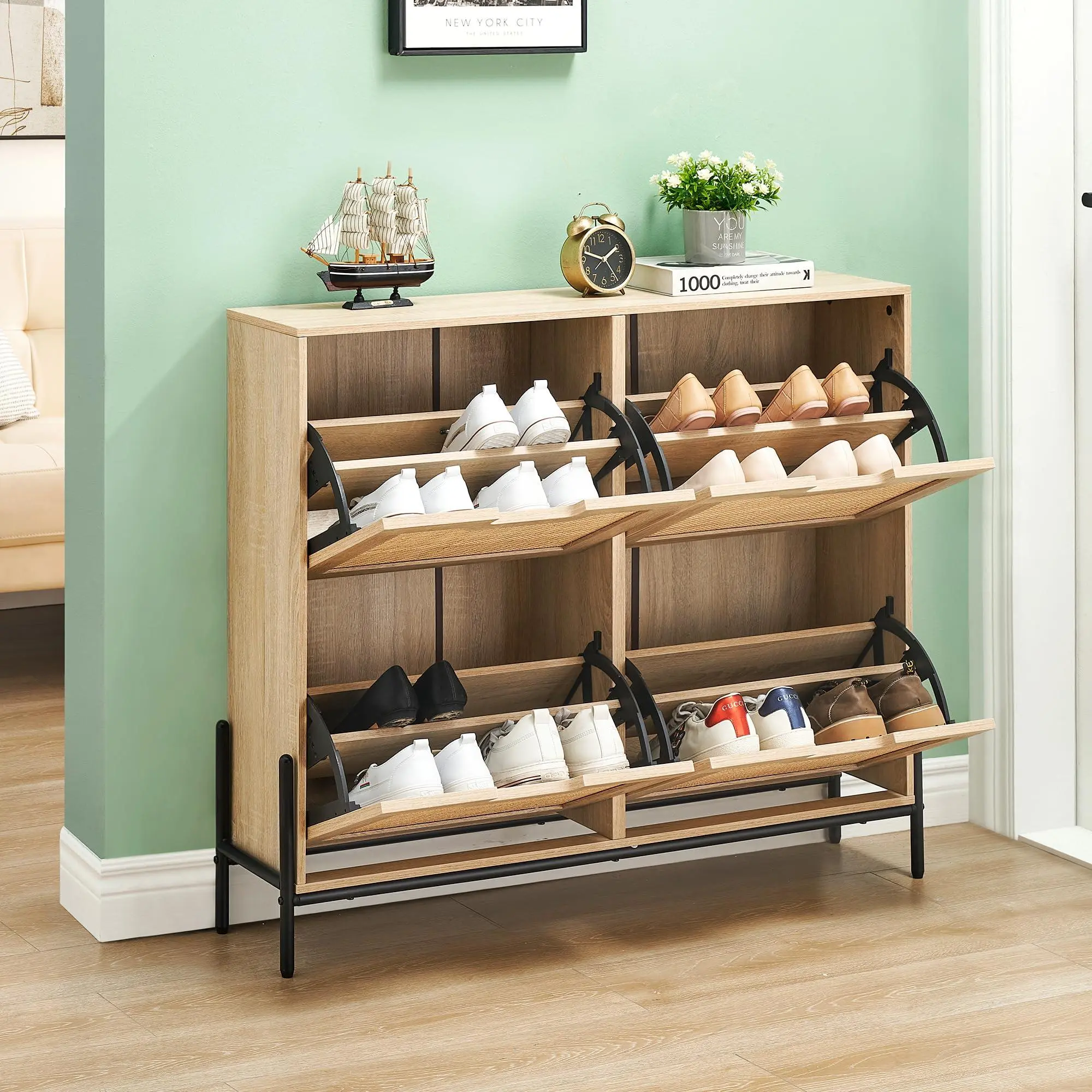 Oak Narrow Hallway Shoe Storage Furniture - 4 Hinged Doors, Adjustable Compartments, 24cm Depth, 100x88cm Size, Space-Saving for Entrance, Easy Assembly, Compartment