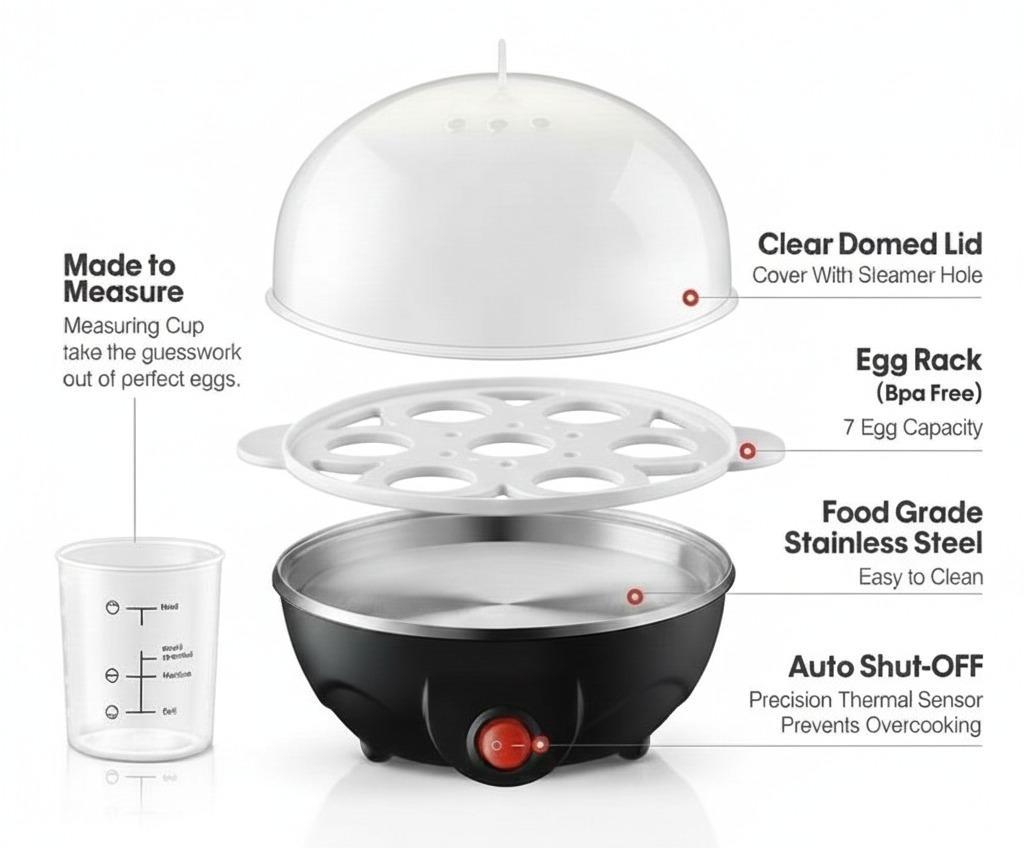 Egg Cooker, Rapid Boiler & Poacher, Meal Prep Essential, Family Sized Meals: Make Up To 7 Large Boiled Eggs, Dishwasher Safe Lid with Cool-Touch Handles, Poaching Tray Included, Black