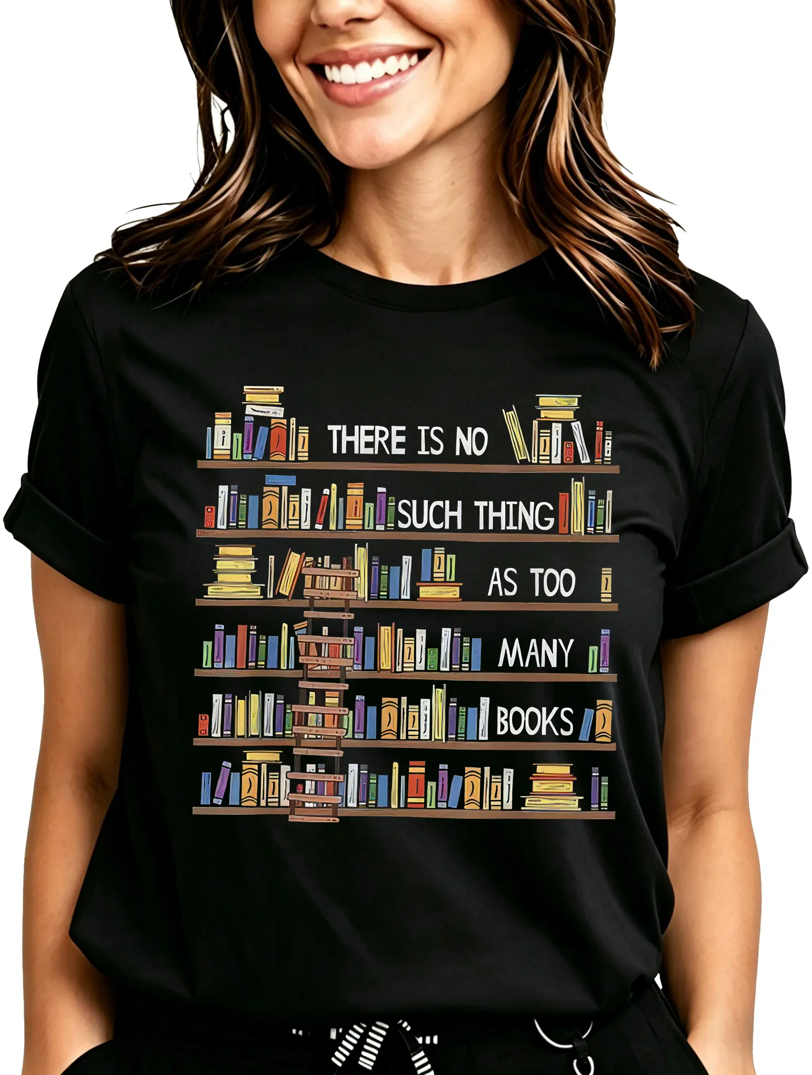 Women'S Casual Short Sleeve T-Shirt with Bookshelf Graphic - "There Is No Such Thing as Too Many Books" Print, Perfect for Book Lovers, Allseason Top | Bookshelf Design | Comfortable Fit, Book Lover Gifts