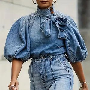 Fashionable Womens Denim Top - Chic Puff Sleeves with Bowknot Accent - Timeless Plain Design - Distressed Washed Look - Versatile & Feminine Casual Style