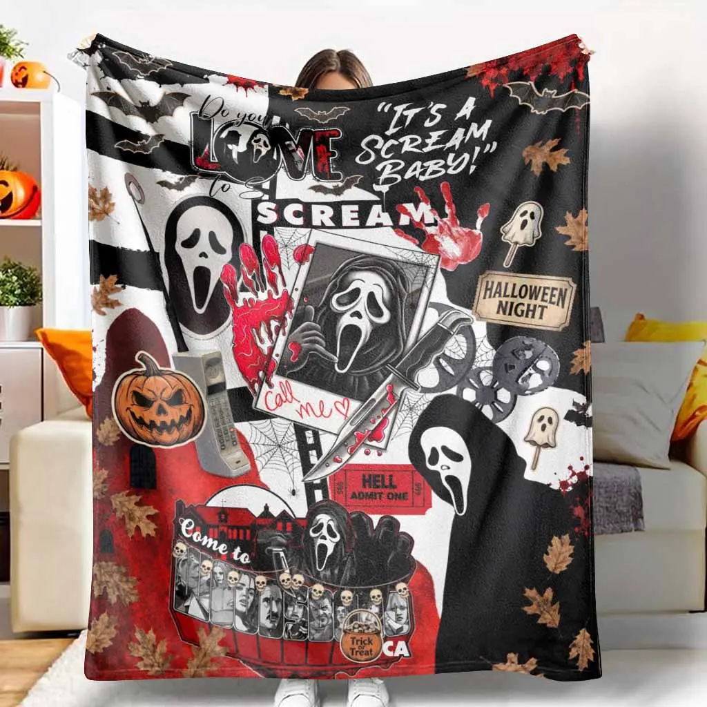 Horror Movie Ghost Face Flannel Blanket Gothic Scream Inspired Graphic Pattern Soft Warm Lightweight Decorative Throw Perfect for Halloween Night Party Movie Marathon Living Room Couch Bed Nap Gift