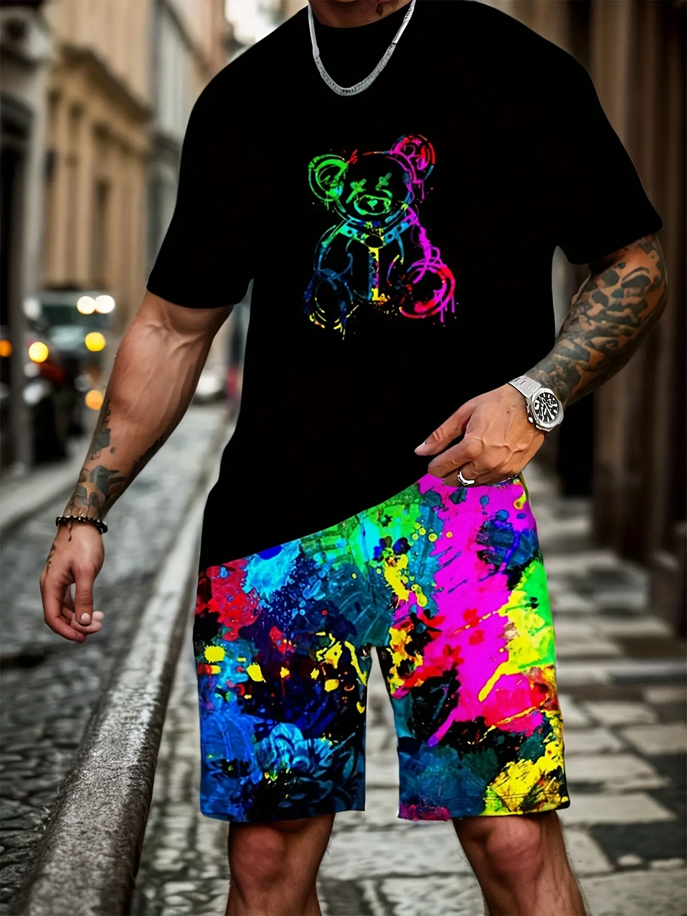 Men's Comfortable Stretch Neon Graffiti Bear Cartoon Print Set, Teddy, Short Sleeve Shorts, Casual Fitted, All Seasons, Casual Matching Sets, Activewear Shorts Set, Matching Style Set, Menswear