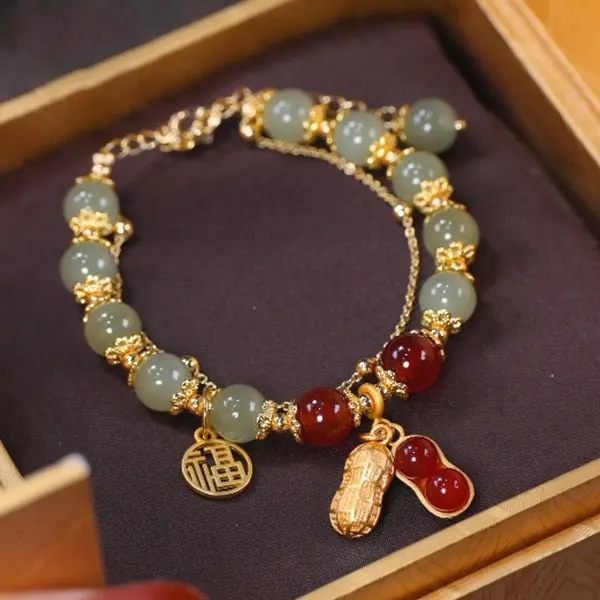 Peanut of Blessings Jade Charm Bracelet handmade fortune talisman