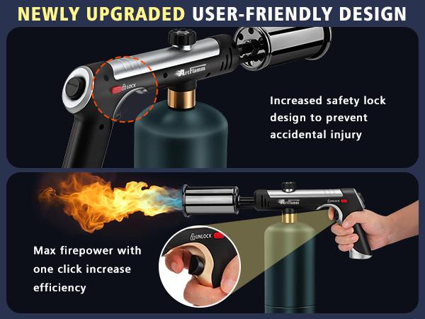 Powerful Propane Torch(Propane Tank Not Included),With One-Touch Max Fire Button and Safety Lock, Adjustable Blow Torch for Sous Vide Searing Steak, BBQ,Fireplace,Charcoal Wood，Excellent Gift for New Year