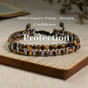 【Easter Gift for Him】Protection Bracelet - Natural Tiger's Eye & Hematite Gemstone - Adjustable Size 7-8 Inches - Elegant Boho Style